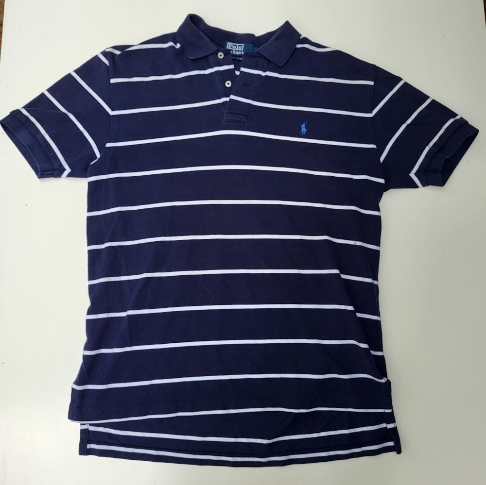 Polo Ralph Lauren Polo Shirt Mens L Blue Striped Short Sleeves Collared - Picture 1 of 6